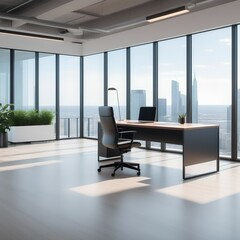 Fototapeta premium Corner view of coworking interior with chairs and pc desktop, wooden partition on concrete floor. Office work zone with panoramic window on New York skyscrapers. 3D rendering