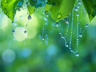 Delicate water droplets cling to spider silk against a vibrant green backdrop, emulating nature's jewelry.