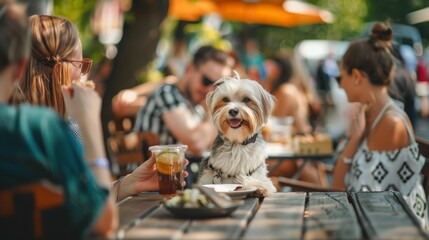 Obraz premium Pet friendly event in city park.&nbsp;Community with welcoming attitude to small dogs.&nbsp;Happy woman enjoying her lunch with pet.&nbsp;Summer vibe with cheerful people.&nbsp;Pet friendly outdoor restaurant or cafe