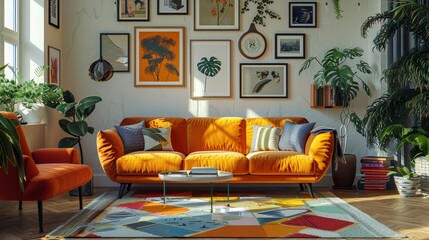 Eclectic Living Room Artwork Display: A 3D illustration showcasing an eclectic living room with a dynamic artwork display