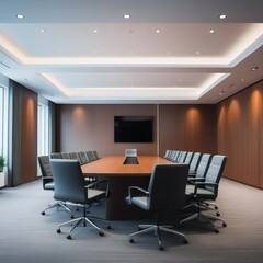 Interior of stylish open space office with grey and wooden walls, tiled floor and rows of wooden computer desks with white chairs. 3d rendering