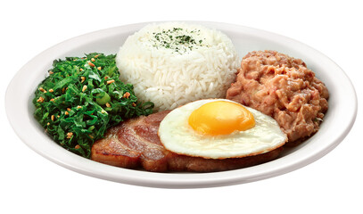 prato com tutu de feijão acompanhado de arroz branco, ovo frito, bisteca de porco grelhada e couve...