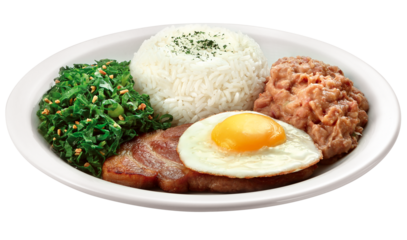 prato com tutu de feijão acompanhado de arroz branco, ovo frito, bisteca de porco grelhada e couve refogada com alho isolado em fundo transparente - delicioso virado à paulista 