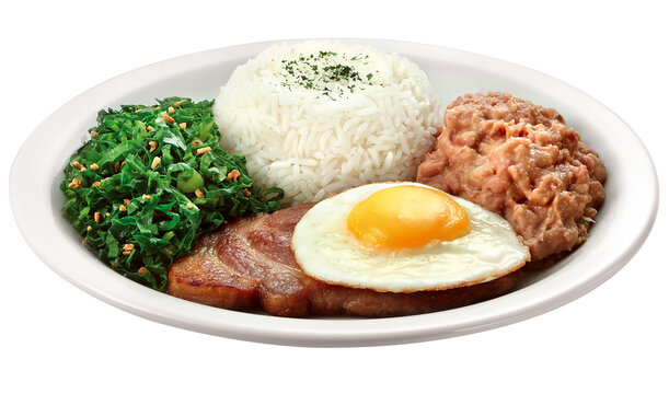 prato com tutu de feij&atilde;o acompanhado de arroz branco, ovo frito, bisteca de porco grelhada e couve refogada com alho isolado em fundo transparente - delicioso virado &agrave; paulista 