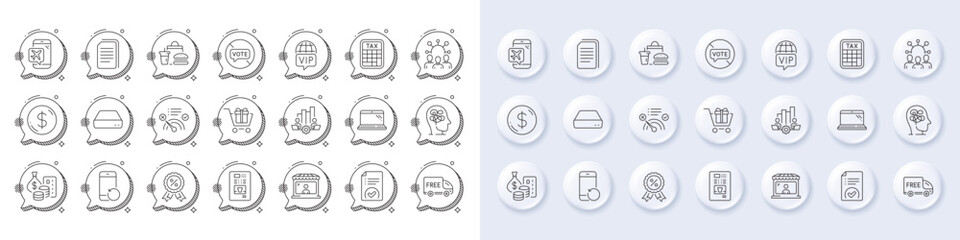 Recovery phone, Squad and Tax calculator line icons. White pin 3d buttons, chat bubbles icons. Pack of Approved document, Dollar money, Fast food icon. Vector