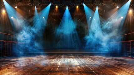 retro vintage interior theater stage with blue spotlights shine on rustic floor with smoke drifting around, background backdrop, Generative Ai