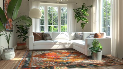 Eclectic Living Room Textiles Mix: A 3D illustration highlighting an eclectic living room with a mix of textiles