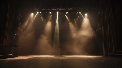 retro vintage interior theater stage with yellow spotlights shine on rustic floor with smoke drifting around, background backdrop, Generative Ai