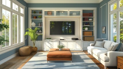 Family Living Room Stylish Storage Solutions: An illustration showcasing a family living room with stylish storage solution