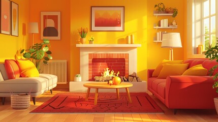 Family Living Room Warm Color Palette: An illustration featuring a family living room with a warm color palette