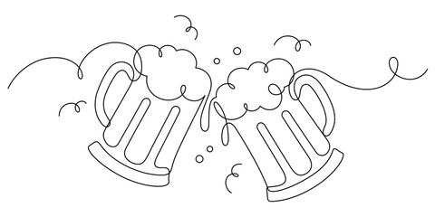 beer glass clinking in one line drawing funny and happy hour party celebration
