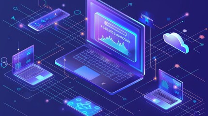 Fototapeta premium Real&nbsp;Time Data Synchronization Across Cloud Platforms,&nbsp;real&nbsp;time data synchronization across cloud platforms with an image displaying data being synchronized between multiple cloud services