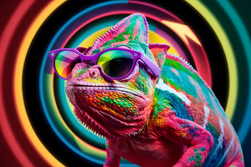 Vibrant Chameleon in Stylish Sunglasses on a Colorful Dynamic Background