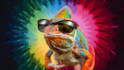 Vibrant Chameleon in Stylish Sunglasses on a Colorful Dynamic Background