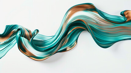 A gentle wave of teal and bronze, gracefully twisting and isolated on a pure white canvas, captured with high-definition precision.