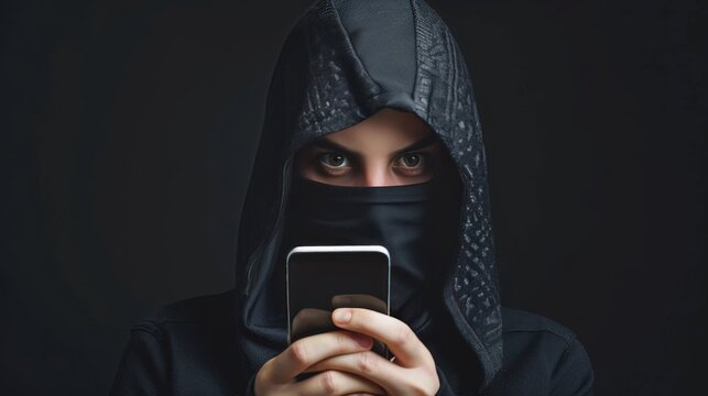 Criminal hacker in balaclava and black attire holding phone, illustrating phone scam scheme