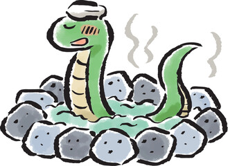 温泉でくつろぐ巳（へび）　筆タッチ手描きイラスト