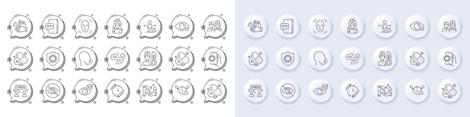 Difficult stress, Covid app and Digestion line icons. White pin 3d buttons, chat bubbles icons. Pack of Dont touch, Not looking, Vaccination icon. Vector