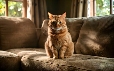 Playful Orange Tabby Cat Lounging on a Sunny Couch