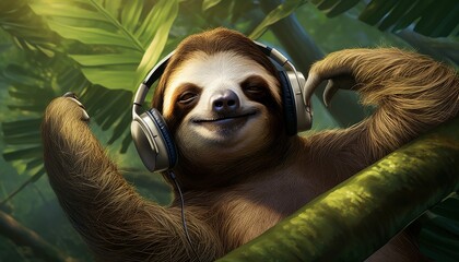 Fototapeta premium A sloth wearing headphones is relaxing in the jungle. The sloth has a peaceful expression on its face and is surrounded by lush green leaves.
