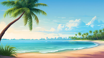 Coastal Haven, Sunny Skies, Palm Trees. Realistic Beach Landscape. Vector Background