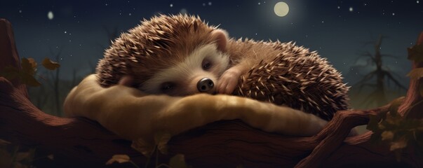 Obraz premium The cute baby hedgehog is sleeping soundly in the moonlight.