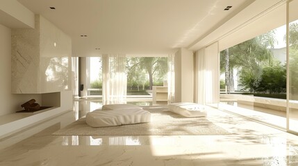 Fototapeta premium Minimalist Living Room Functional Space: A photo showcasing a minimalist living room designed for maximum functionality and practicality