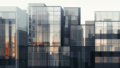 The image shows a modern glass and steel office building with a curtain wall facade reflecting the sky.