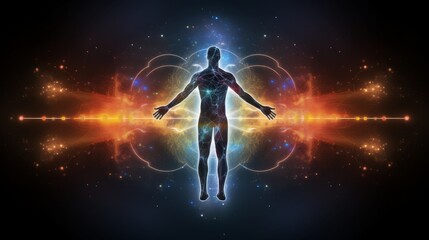 A person standing with arms outstretched in front of a colorful background with a blue and orange aura.