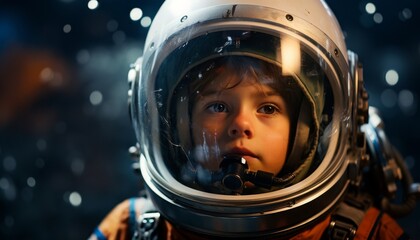 Fototapeta premium A young girl in a spacesuit looking out of the window in awe