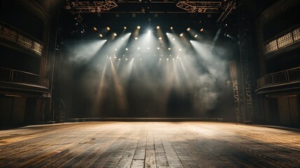 retro vintage interior theater stage with spotlights shine on rustic floor with smoke drifting around, background backdrop, Generative Ai