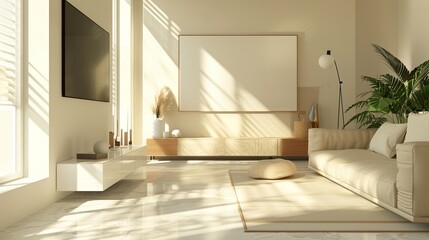 Minimalist Living Room Urban Chic: A 3D illustration featuring a minimalist living room with an urban chic vibe