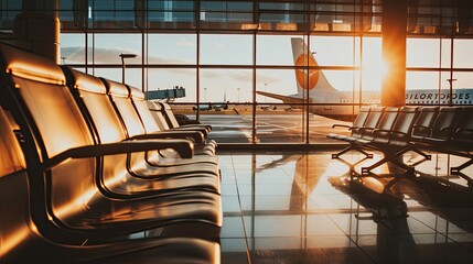 The rays of a bright sunset penetrate into an empty airport waiting room. The concept of air transportation.