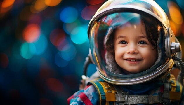 The photo shows a cute baby astronaut. The baby is wearing a spacesuit and has a big smile on its face. The background is a colorful blur of stars and planets.