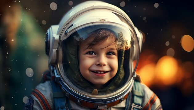 A young boy dressed in an astronaut suit with his helmet on, against a blurry background of stars and planets.