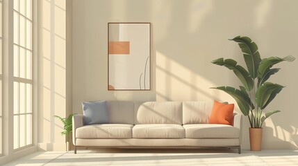 Minimalist Living Room Urban Chic: An illustration featuring a minimalist living room with an urban chic vibe