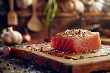 Fresh Tuna Fillet on a Wooden Board