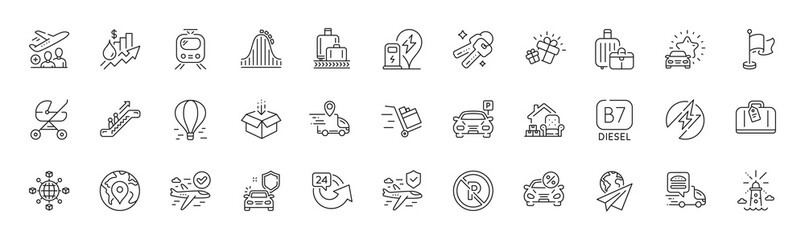 Fototapeta premium Logistics network, Flag and Car leasing line icons. Pack of Baggage reclaim, Delivery truck, Rise price icon. Keys, Roller coaster, 24 hours pictogram. Parking, Baggage, Baby carriage. Vector
