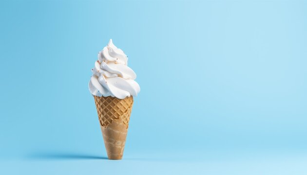 White soft serve ice cream cone against blue background.