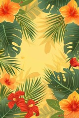 bright tropical summer background with palm leaves and tropical flowers in veil style. fashionable summer concept. banner or advertising poster