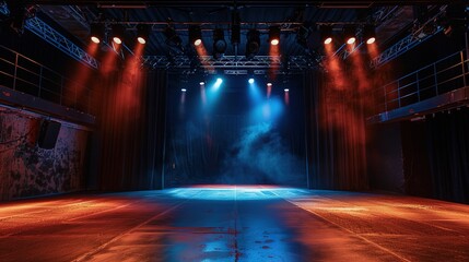 retro vintage interior theater stage with blue redspotlights shine on rustic floor with smoke drifting around, background backdrop, Generative Ai