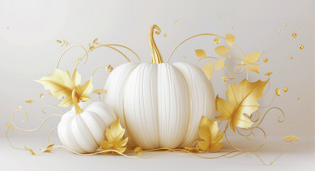 Elegant white pumpkins with golden leaves, an artistic autumn celebration, for festive and seasonal design themes