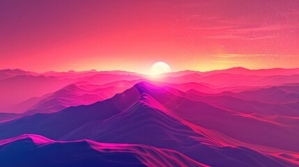 Pink wallpaper abstract gardient ilustration landscape,  A digitally created mountain range basking in the vibrant hues of sunset, offering a blend of nature and technology.
