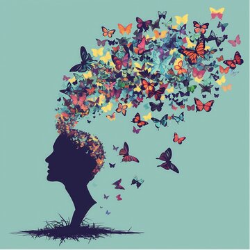 recommend clip art: Silhouette person head transforming into cascade colorful butterflies freedom