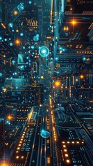 Close-Up of Glowing Circuit Board with Orange Lights
