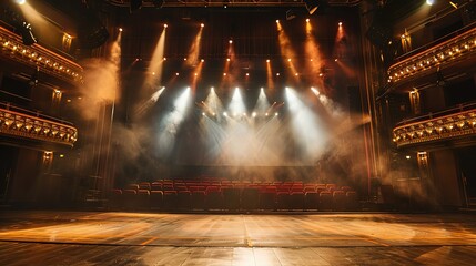 retro vintage interior theater stage with yellow spotlights shine on rustic floor with smoke drifting around, background backdrop, Generative Ai
