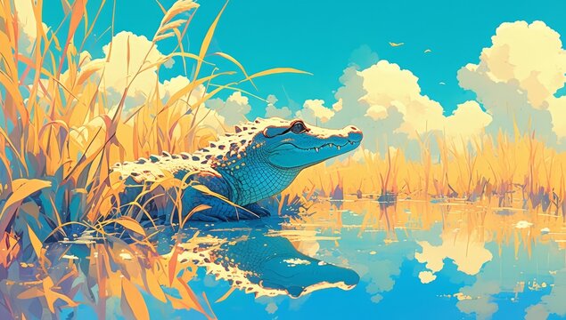 A cute alligator relaxing in the water of an orange and blue swamp with a pastel sky