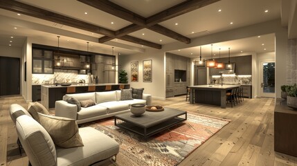 Open Concept Living Room Cozy Ambiance: A 3D image depicting an open-concept living room with a cozy ambiance