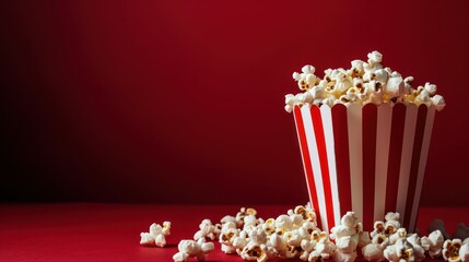 Paper cup with popcorn on color background.