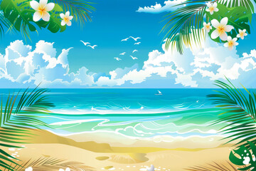 summer vacation concept. beautiful background sandy beach and ocean palm leaves. landscape of a tropical island. illustration